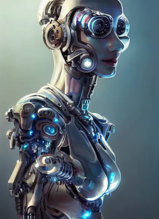 Image similar to ultra realistic full shot of a cyborg woman with mechanical arms, cyberpunk, sci - fi, fantasy, kodak, colour led, soft light, volumetric lighting, night, intricate, elegant, highly detailed, digital painting, artstation, concept art, smooth, sharp focus, illustration, art by artgerm and greg rutkowski and alphonse mucha