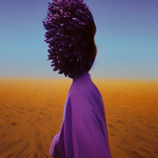 Image similar to portrait, giant purple dahlia flower head, girl walking between dunes, surreal photography, sunrise, blue sky, dramatic light, impressionist painting, digital painting, artstation, simon stalenhag