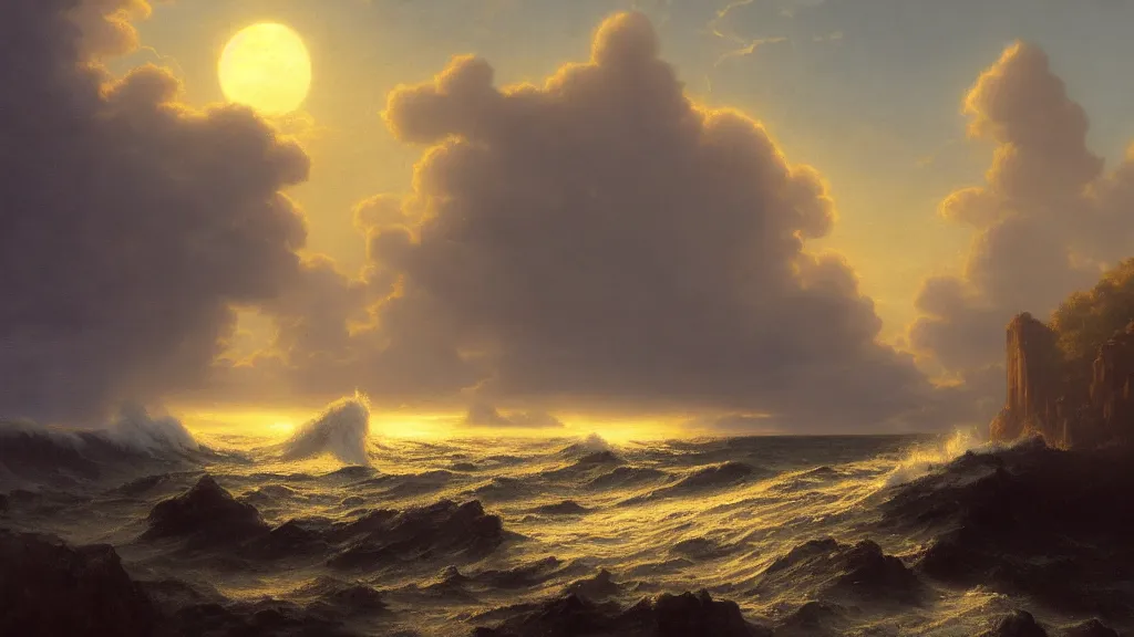 Image similar to first person view of breaking waves on the shore, moonlit , sea breeze rises in the air, by andreas rocha and john howe, and Martin Johnson Heade, featured on artstation, featured on behance, golden ratio, ultrawide angle, f32, well composed