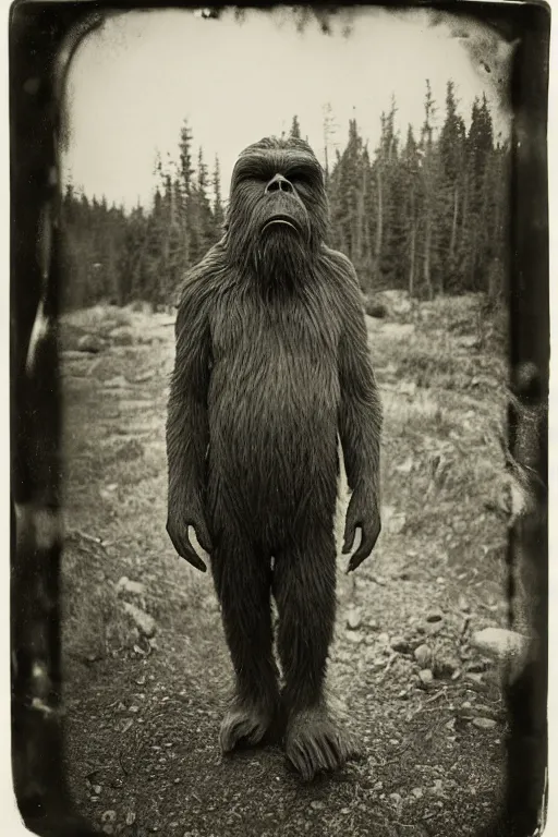 Image similar to a wet plate photograph of a Bigfoot