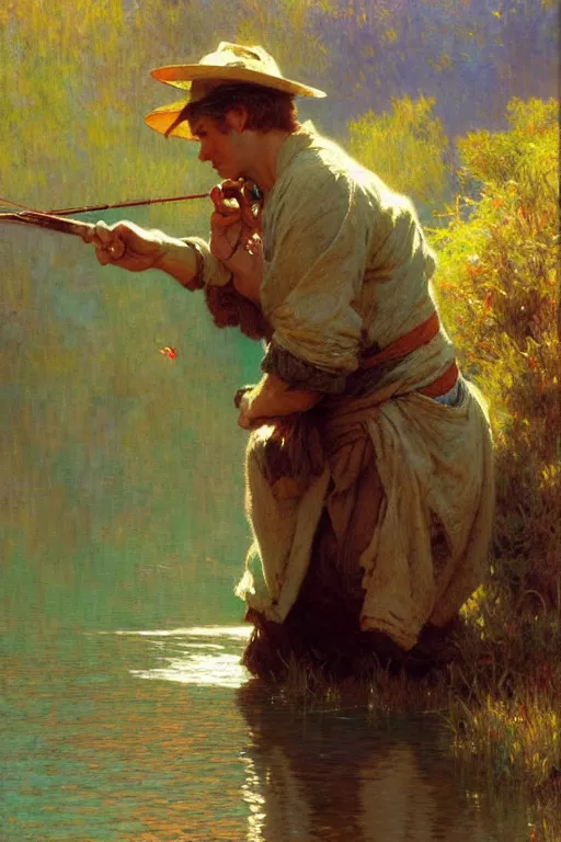 Image similar to attractive man, fishing, cool colors, painting by gaston bussiere, craig mullins, greg rutkowski, alphonse mucha