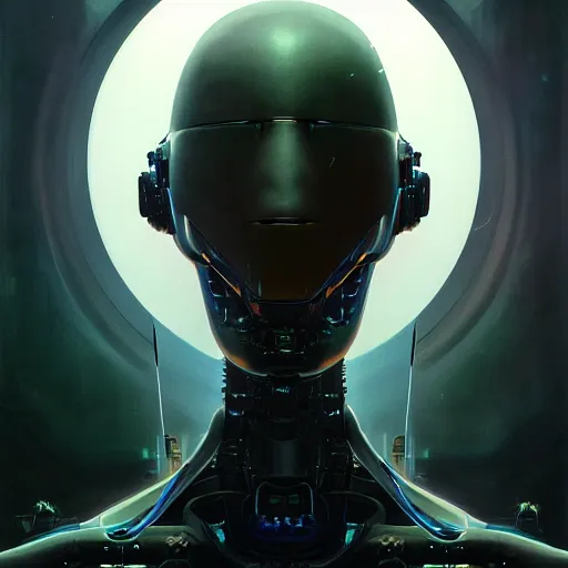 Image similar to dark digital concept art portrait of a high - tech robot on a depth of field background, artstation, award - winning realistic sci - fi concept art by jim burns and greg rutkowski, beksinski, a realism masterpiece, moody color palette, james gilleard, bruegel, alphonse mucha, and yoshitaka amano