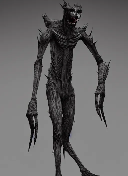 Image similar to tall bipedal creature in the darkness, long claws, large long pointy teeth, drooling, hunched over, dark cavern, no hair, dark skin, no light, highly intricate, detailed, 8 k