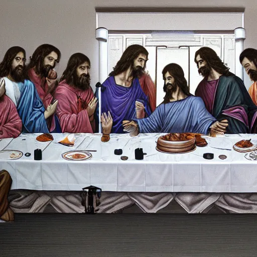 Image similar to photorealistic evangelion at jesus's last supper, Hyperdetailed, 108 Megapixels