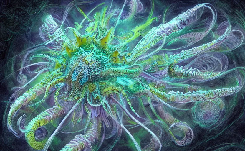 Image similar to sci - fi biomechanical, colored, unreal engine, fractal flame, monster character design, fantasy. intricate jellyfish crab eagle lizard biomechanical. by ernst haeckel