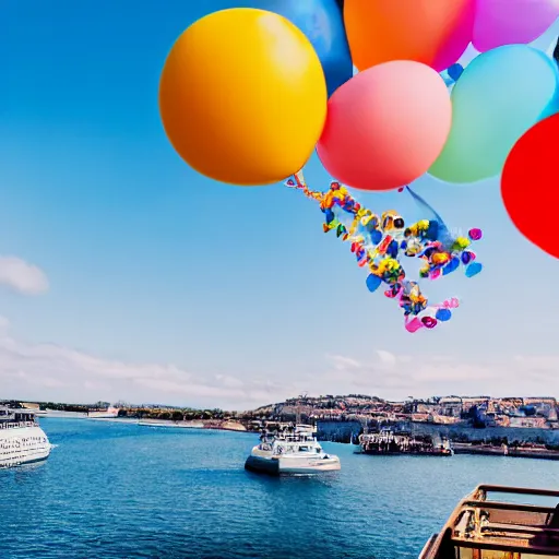 Image similar to photo of a lot of birthday balloons floating above a beautiful maritime port. sharp focus, highly - detailed, award - winning, epic cinematic