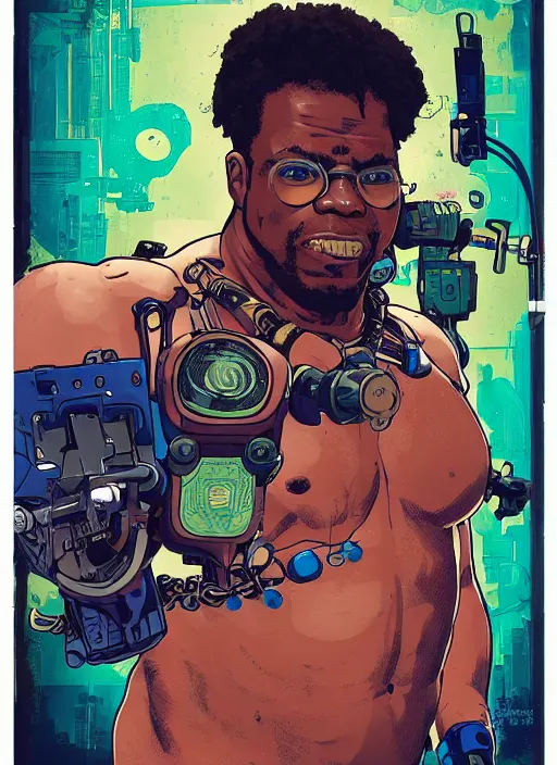 Image similar to chidi igwe. buff cyberpunk weight lifter. robotic arm. portrait illustration, pop art, splash painting, art by geof darrow, ashley wood, alphonse mucha, makoto shinkai, laurie greasley, josan gonzales ( apex legends )