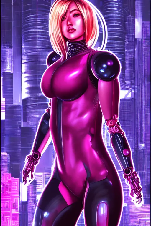 Prompt: 3 / 4 portrait of samus aran, kowloon cyberpunk cityscape, biomechanical oppai, rain, purple and pink and black neon lighting, by artgerm and clay mann and sorayama and alphonse mucha, trending on artstation