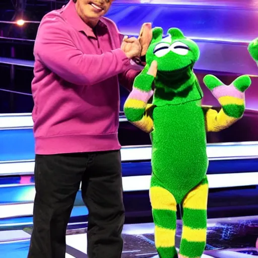 Image similar to barney the dinosaur wrestling steve from blues clues on the set of american idol, simon cowell standing and clapping his hands,