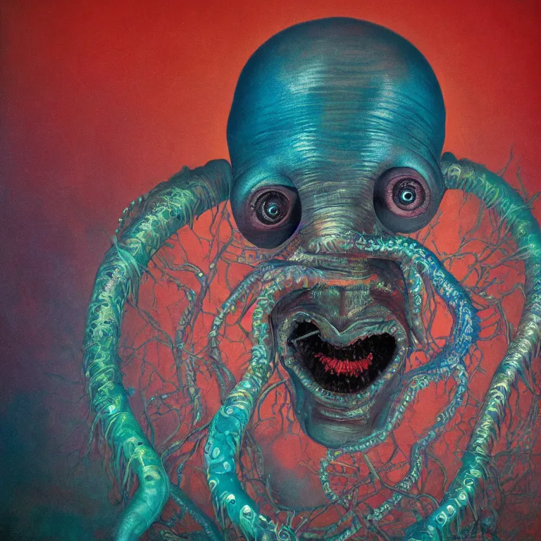 Image similar to Hyperrealistic intensely colored close up studio Photograph portrait of deep sea bioluminescent Senator Rick Scott, symmetrical face realistic proportions eye contact tentacles, Grinning in a coral reef underwater, award-winning portrait oil painting by Norman Rockwell and Zdzisław Beksiński vivid colors high contrast hyperrealism 8k