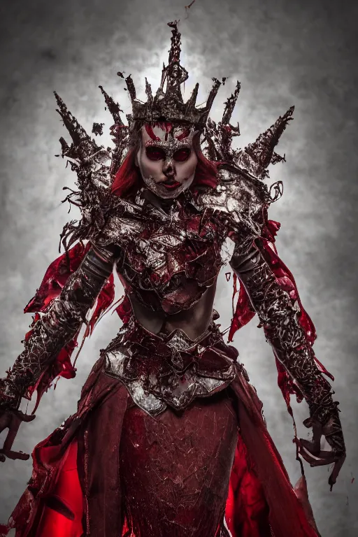 Image similar to the blood crown queen wear the scarlet armor, cinematic lighting, various refining methods, micro macro autofocus, ultra definition, award winning photo