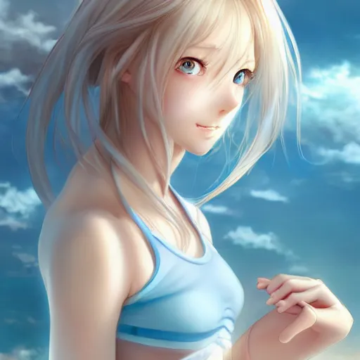 Image similar to a very beautiful young mature anime ballet girl, full body, long wavy blond hair, sky blue eyes, full round face, short smile, bikini, miniskirt, highly detailed, cinematic wallpaper by stanley artgerm lau