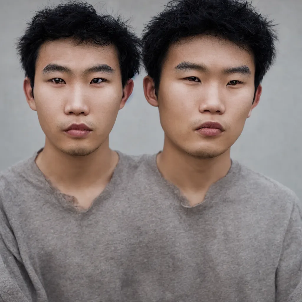Prompt: a young asian man with a square face, very short thick curly black hair and swarthy skin, close up portrait