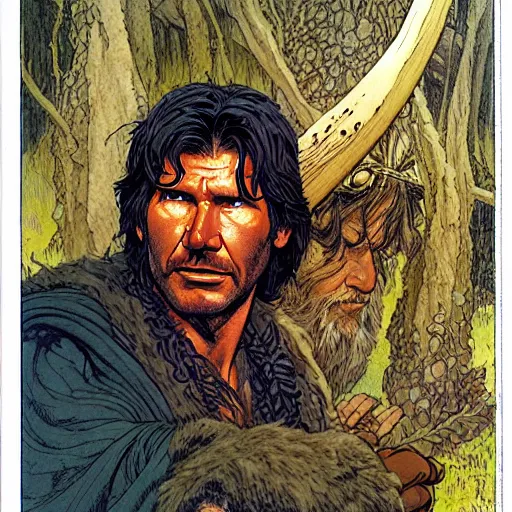 Image similar to a realistic and atmospheric portrait of harrison ford as a druidic warrior wizard looking at the camera with an intelligent gaze by rebecca guay, michael kaluta, charles vess and jean moebius giraud