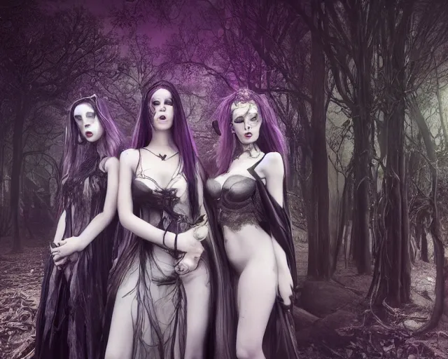 Image similar to three stunning otherworldly gothic goddesses of beauty wearing psychedelic wicca, full body, dark and mysterious, atmospheric, ominous, eerie, cinematic light, epic, 8 k, 4 k, ultra detail, ultra realistic, rendered by awesomeness