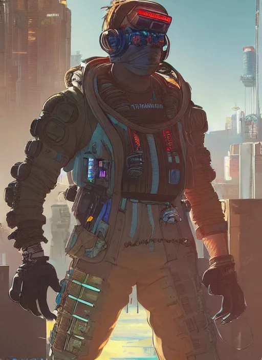 Image similar to apex legends cyberpunk weight lifter. concept art by james gurney and mœbius. cinematic, dramatic lighting ( cyberpunk 2 0 7 7 ), clean aesthetic