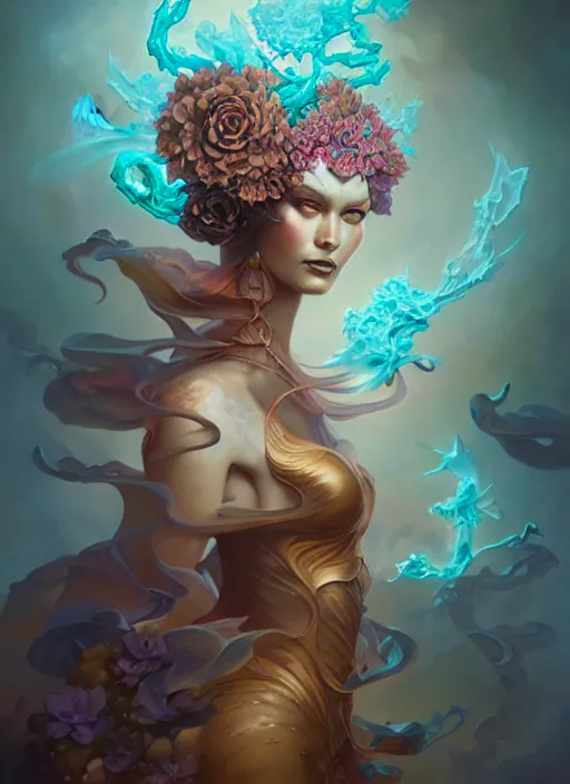 Prompt: liquid magma priestess adorned with flowers and gemstones, artgerm, peter mohrbacher, jesper ejsing, photorealism, highly detailed portrait, volumetric lighting