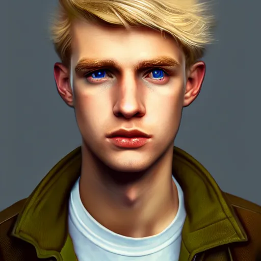 Image similar to A videogame portrait of a blond young Irish man. Dressed in 1980s style. Highly detailed, fine Art, high detail, great lighting, 8k resolution, masterpiece, concept art, illustration, clear eyes, painting oil on canvas, octane render, HDR, trending on artstation, 4k, 8k, HD