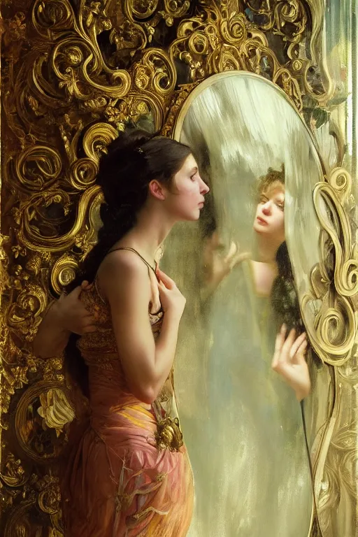 Prompt: an intricate artistic pose painting of a beautiful young victorian lady looking through a baroque mirror with an artistic pose wearing a beautiful velvet dress, hyper detailed, octane render, vivid colors, artstation, by jeremy mann, alphonse mucha, by boris vallejo