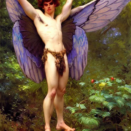 Image similar to attractive male fairy with wings in the forest, posing. highly detailed painting by gaston bussiere, craig mullins, j. c. leyendecker, 8 k