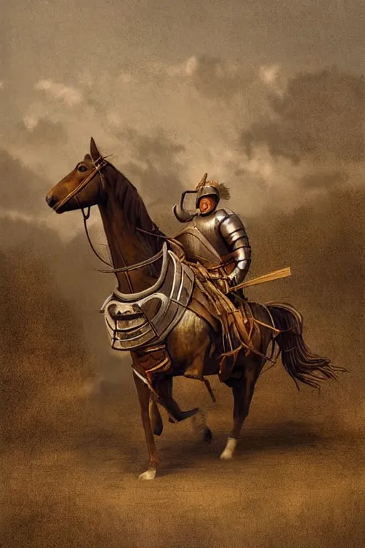 Image similar to ( ( ( ( ( ( ( a knight riding a horse with wagon wheels ) ) ) ) ) ) ) by chris mcgrath and greg rutowski and wlop!!!!!!!!!!!!!! muted colors, detailed