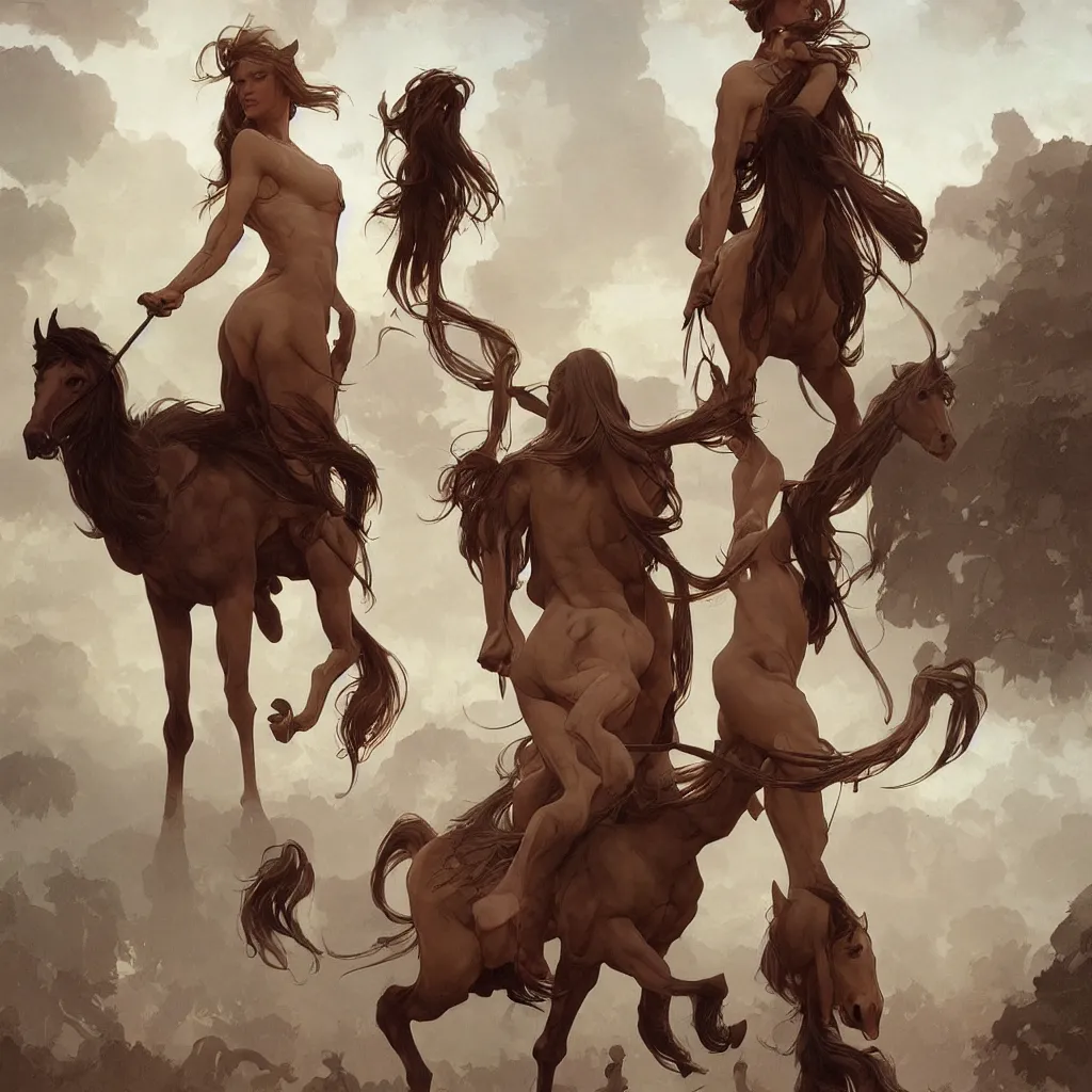 Image similar to centaur with a man torso walking with a young girl beside him, elegant, highly detailed, digital painting, artstation, concept art, matte, sharp focus, illustration, art by Artgerm and Greg Rutkowski and Alphonse Mucha