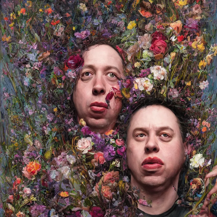 Prompt: male portrait of the john zorn todd solondz eating rotten flesh and puking blood, surrounded by flowers by karol bak, james jean, tom bagshaw, rococo, trending on artstation, cinematic lighting, hyper realism, octane render, 8 k, hyper detailed.