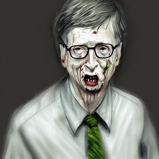 Image similar to a zombie Bill Gates, by WLOP, horror, wounds, bloody, dark fantasy, trending on artstation