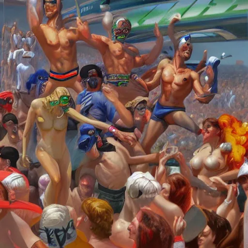 Prompt: people cheering at a formula 1 race, painting in the style of boris vallejo and Jeff Easley, digital art, photoshop, trending on artstation