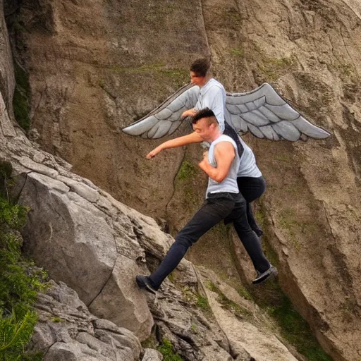 Prompt: guardian angel protecting man falling from a cliff