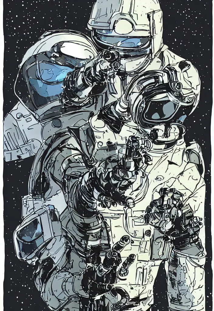 Image similar to male, heroic figure, space suit with a modern helmet, science fiction, sketch, character sheet, very stylized, digital art, illustration, pen and ink, digital painting, by mike mignola, by alex maleev