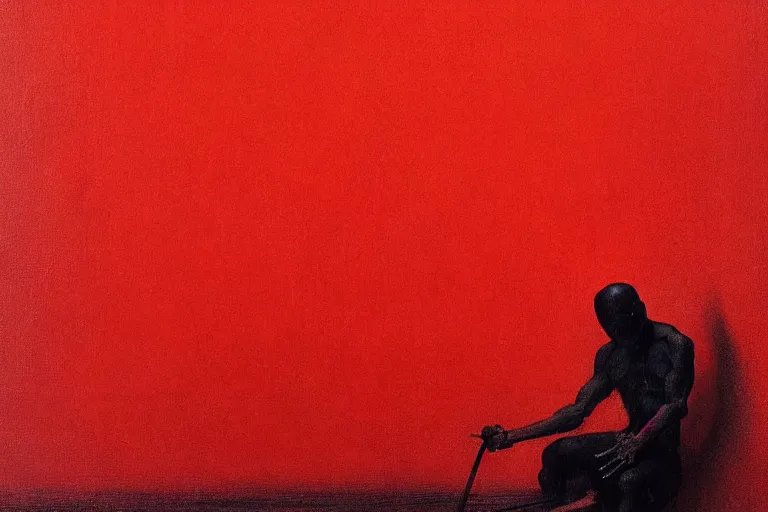 Image similar to only with red, a red samurai do seppuku, tokio, a lot of frogs watch, in the style of beksinski, parts by edward hopper, parts by rodcenko, parts by yue minjun, intricate and epic composition, red by caravaggio, insanely quality, highly detailed, masterpiece, red light, artstation, 4 k