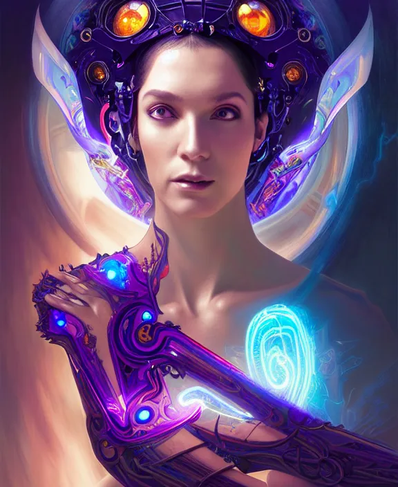 Image similar to a whirlwind of souls rushing inside the metaverse, half body, glowin eye, tiara with sapphire, pharaoh, android, cyborg, cyberpunk face, d & d, fantasy, intricate, elegant, highly detailed, colorful, vivid color, digital painting, artstation, concept art, art by artgerm and greg rutkowski and alphonse mucha and ruan jia