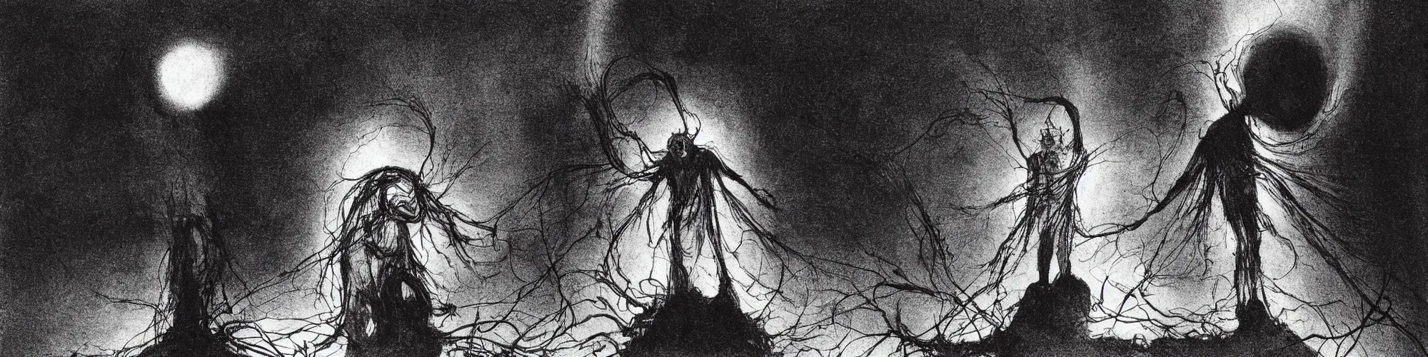 Image similar to dawn of creation ; first atom ; beings of darkness ; ethereal plane. extremely dark image. complete blackness. black and gray low - contrast image. illustrated by maurice sendak and stephen gammell and junji ito and dr seuss and tsutomu nihei