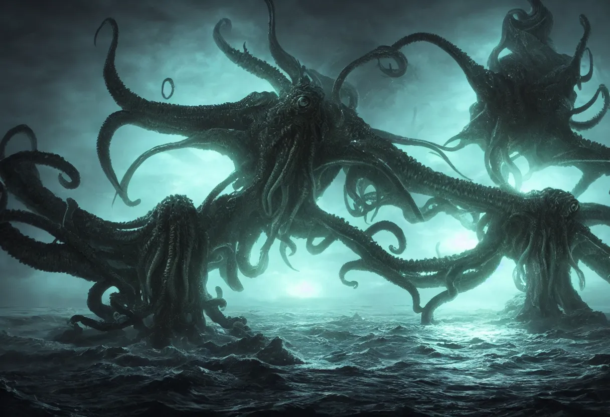 Image similar to concept art of cthulhu with glowing eyes emerging from the ocean, omnious old photo, cinematic lighting, apocalyptic, atmospheric, hyper realism, realistic, octane render, dramatic lighting, highly detailed, cinematic