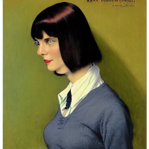 Image similar to portrait of a woman with straight bangs, green eyes, and a sweater over a shirt and tie, by gerald brom and norman rockwell.