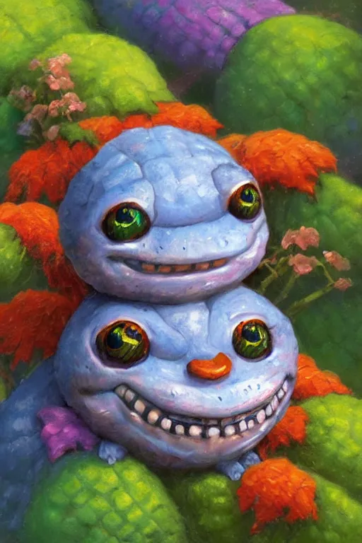 Prompt: a joyful caterpillar, eyes, smile, art by Thomas Kinkade, trending on artstation