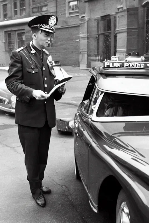 Image similar to a 1 9 5 0 s police officer issuing a ticket on a car