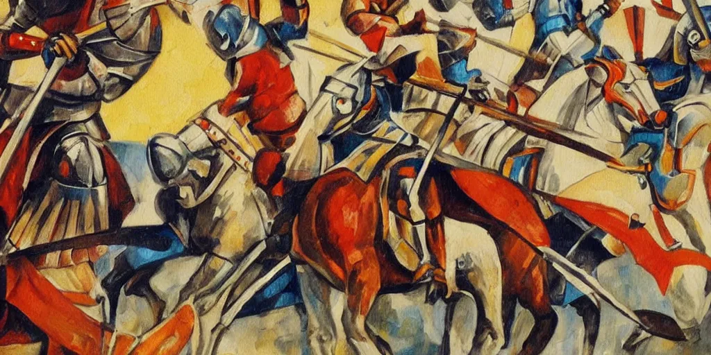 Image similar to futurism style painting of medieval knights jousting