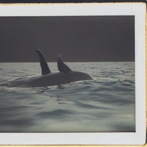 Prompt: a polaroid picture of a whale swimming under the sea, aquatic helicopters flying around the whale