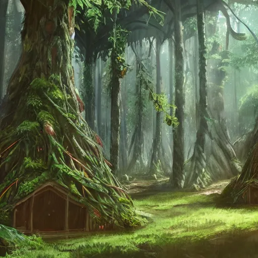 Image similar to concept art painting of a forest with treehouses made of trees and roots, doors and windows inside trees, vines, deep forest, realistic, detailed, cel shaded, in the style of makoto shinkai and greg rutkowski and james gurney