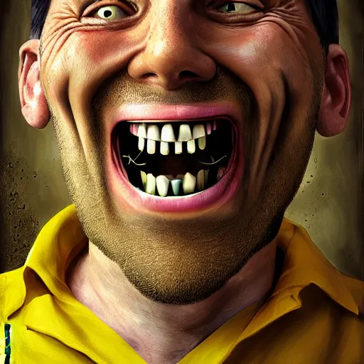 Prompt: dentist portrait of a dentist with large, giant teeth, rotten teeth, yellow, broken, cavities, moldy by Mark Brooks and WLOP