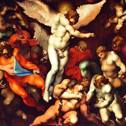 Prompt: angels vs demons painted by michelangelo