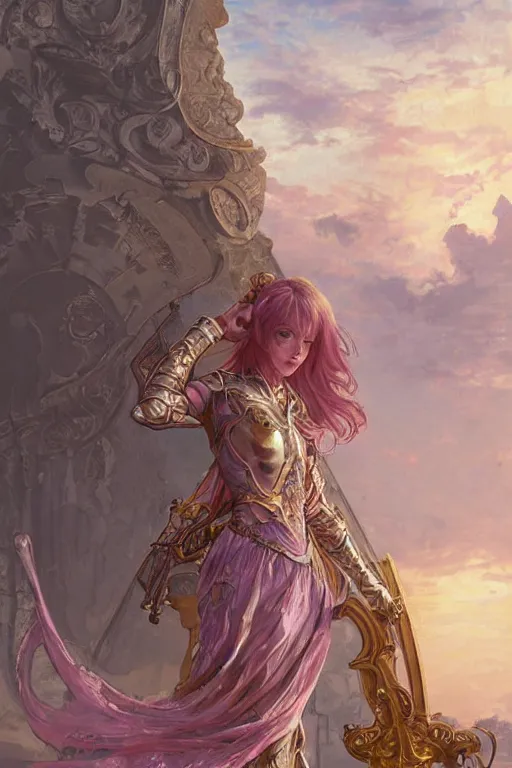 Image similar to portrait knights of Zodiac girl, metalic pink and pastel purple reflected armor, in ruined Agora of Athens sunrise, ssci-fi, fantasy, intricate, very very beautiful, elegant, golden light, highly detailed, digital painting, artstation, concept art, smooth, sharp focus, illustration, art by tian zi and WLOP and alphonse mucha
