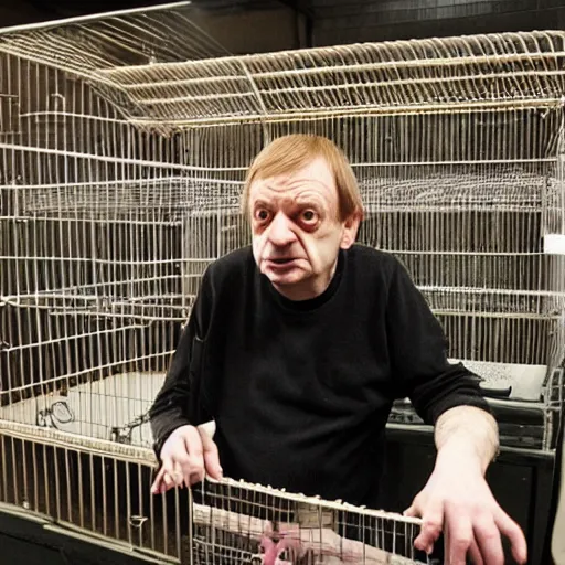 Image similar to mark e smith locked in a small bird cage on the shelf of a pet store