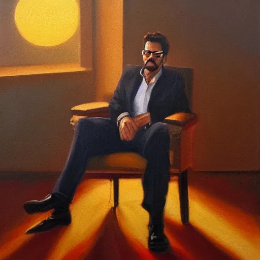 Image similar to oil painting of tony stark sitting in an armchair in a room with the setting sun, by jama jurabaev, brush hard, golden hour, brush stroke