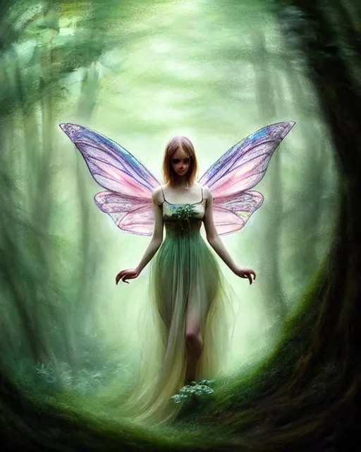 Prompt: beautiful forest fairy in a scenic woods, sweet, graceful wings muted colors, sharp focus, fantasy art, fairy aesthetics, intricate, elegant, highly detailed, hyperrealistic painting, artstation, concept art, painterly, dreamy, sofy illumination, hasselbrad photography, illustration, art by scot howden