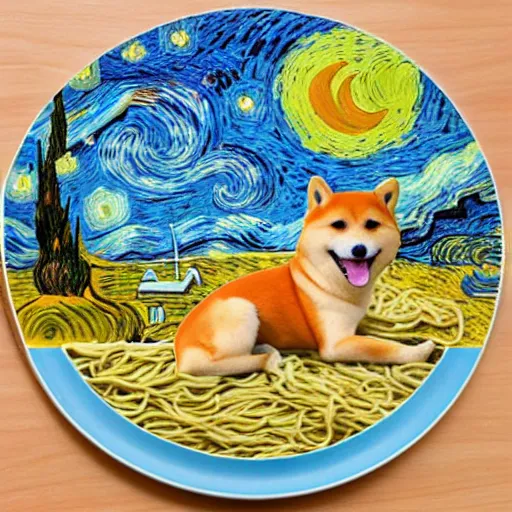 Image similar to shiba inu eating noodles in style of van gogh's starry night