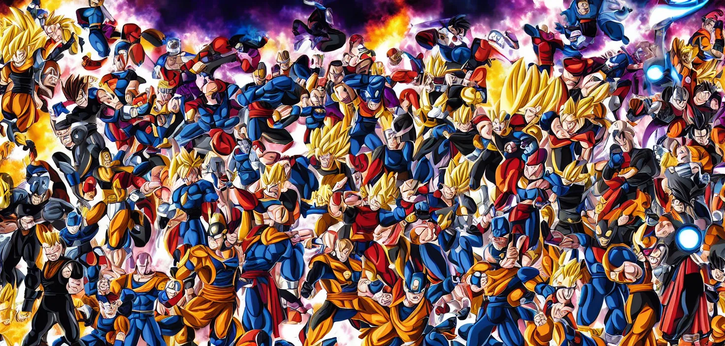 Image similar to the avengers in the style of Dragonball z characters, anime, 8k resolution digital art