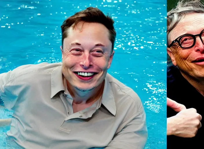 Image similar to elon musk and bill gates and einstein swim together. perfect faces.